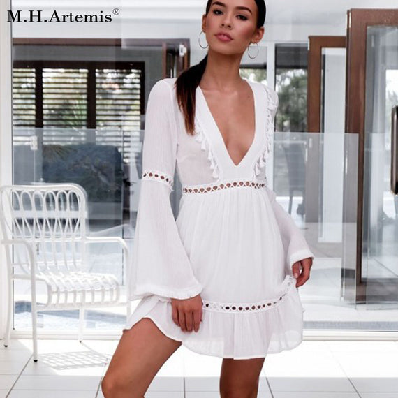 M.H.Artemis Sexy v neck hollow out tassel dress women Long flare sleeve Spring dress female Casual Cotton white dress vestido