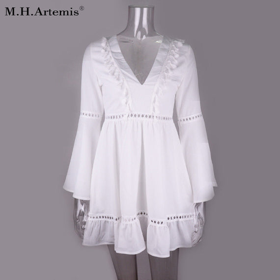 M.H.Artemis Sexy v neck hollow out tassel dress women Long flare sleeve Spring dress female Casual Cotton white dress vestido
