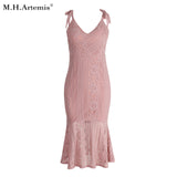 M.H.Artemis Strap flower fishtail lace dress women slim sexy Mermaid dress female 2018 party long dresses women vestidos robe